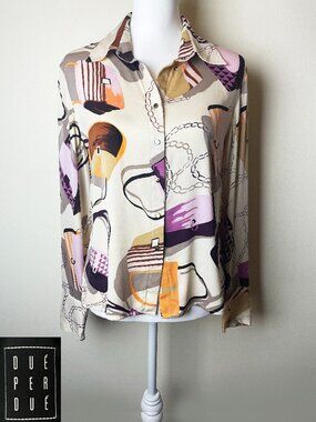 Vintage Silk Blend Due Per Due Quiet Luxury Graphic Purse Print Blouse - Size 6
